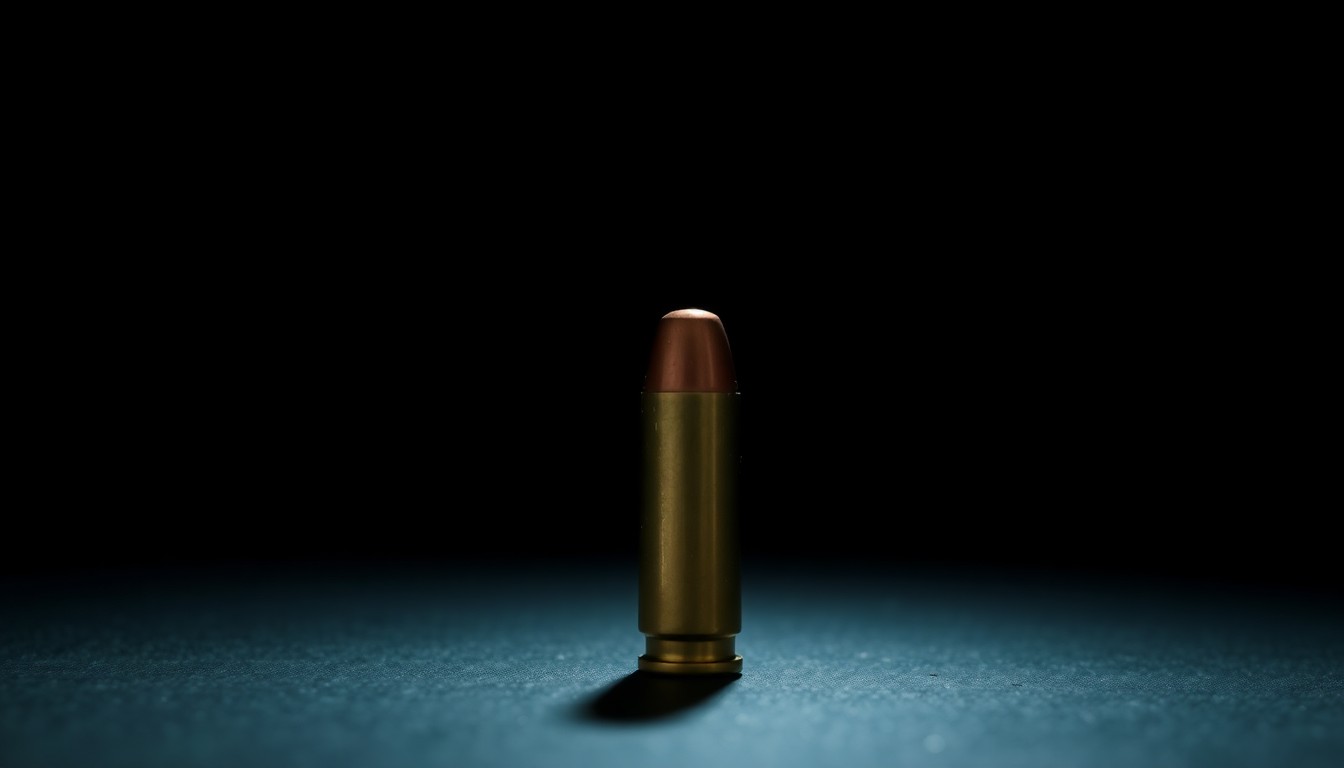 An extreme close-up of a single bullet casing on a dark surface, reflecting a harsh, direct camera flash, conceptually illustrating the violence that claimed a young life.