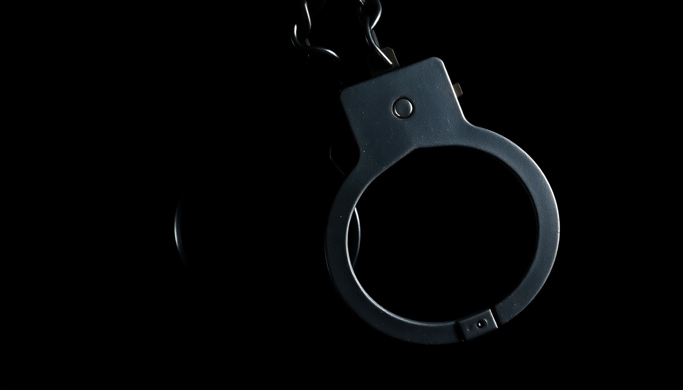 An extreme close-up photograph of a pair of handcuffs against a pitch-black background, the metallic texture and stark lighting creating a gritty, investigative aesthetic.