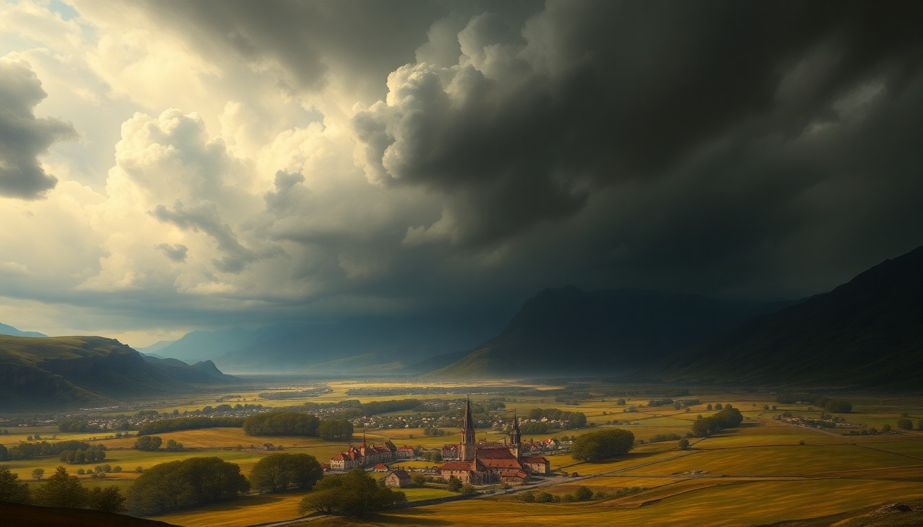 A dramatic landscape painting in muted tones of grey, blue, and green, with a massive, turbulent sky dominating the scene and dwarfing the small town or rural buildings in the distance, conveying the sublime scale and power of a severe weather event.