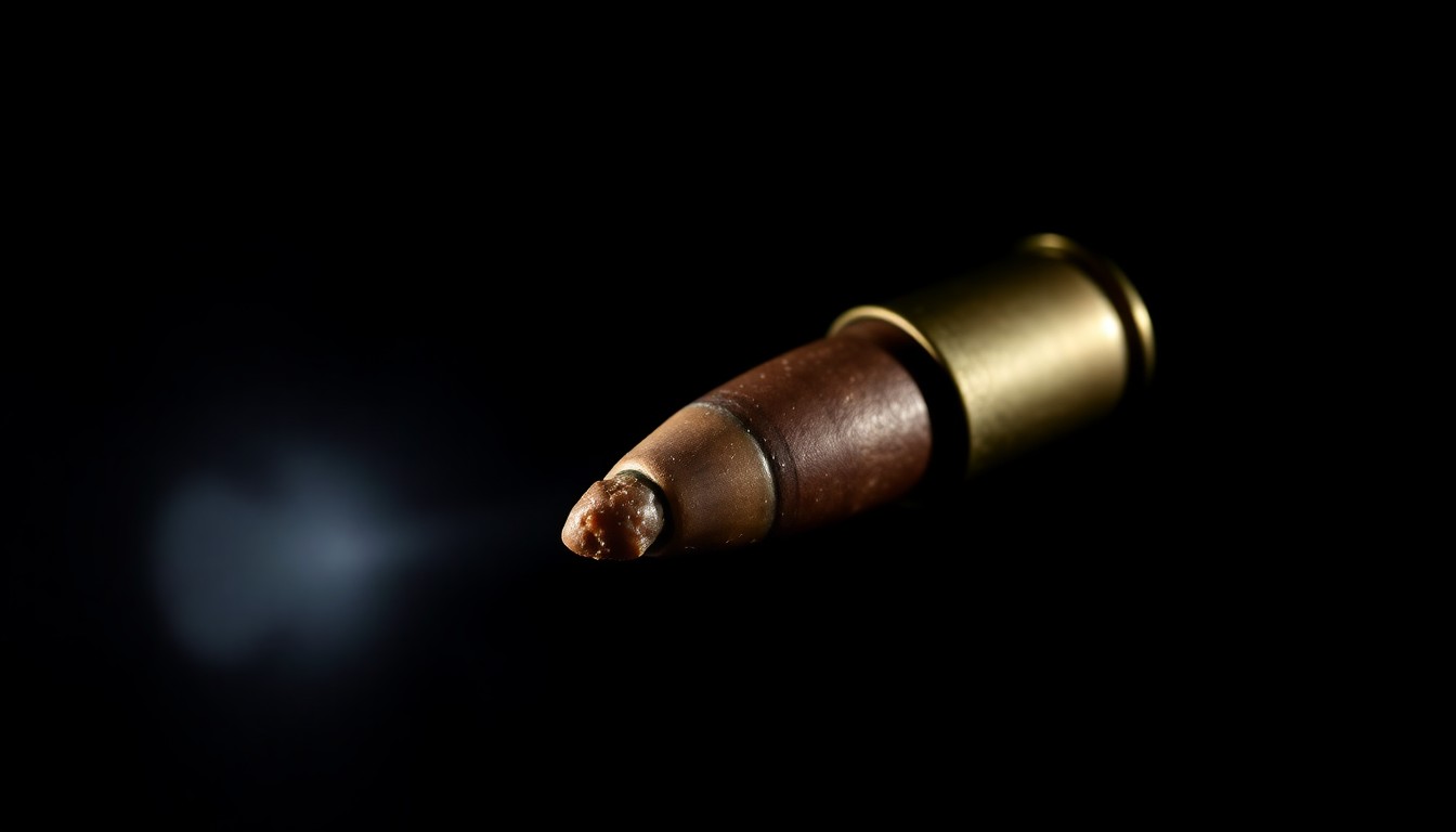 An extreme close-up photograph of a spent shell casing or bullet fragment against a pitch-black background, lit by a harsh, direct camera flash, conceptually representing the physical evidence from a violent crime scene.