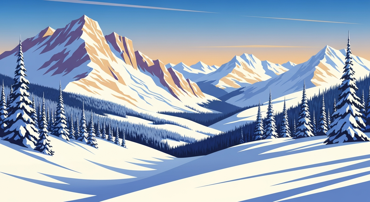 A highly stylized, geometric landscape illustration depicting towering snow-capped peaks and dense evergreen forests in shades of blue, white, and green, conveying the grandeur and serenity of a winter hike in the Colorado mountains.