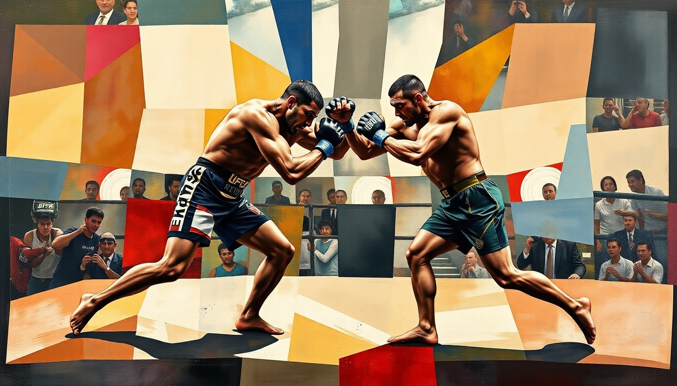 A fractured, abstract painting depicting the dynamic movements and clashing styles of two UFC light heavyweight fighters engaged in an intense battle, with their bodies and actions deconstructed into sharp, overlapping geometric shapes and planes of color.