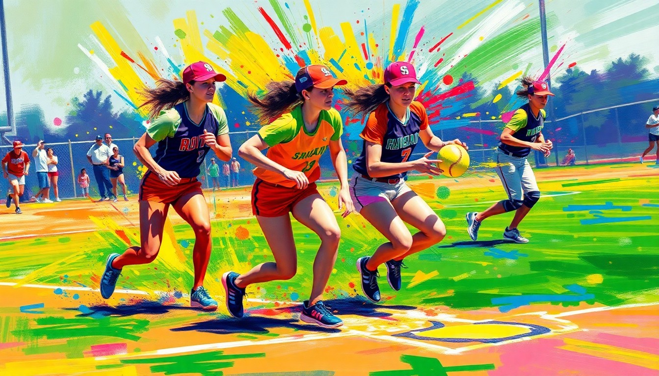 An abstract, expressionist painting in vibrant neon colors depicting the fast-paced action and raw energy of a college softball game, with players' forms dissolving into colorful brushstrokes.