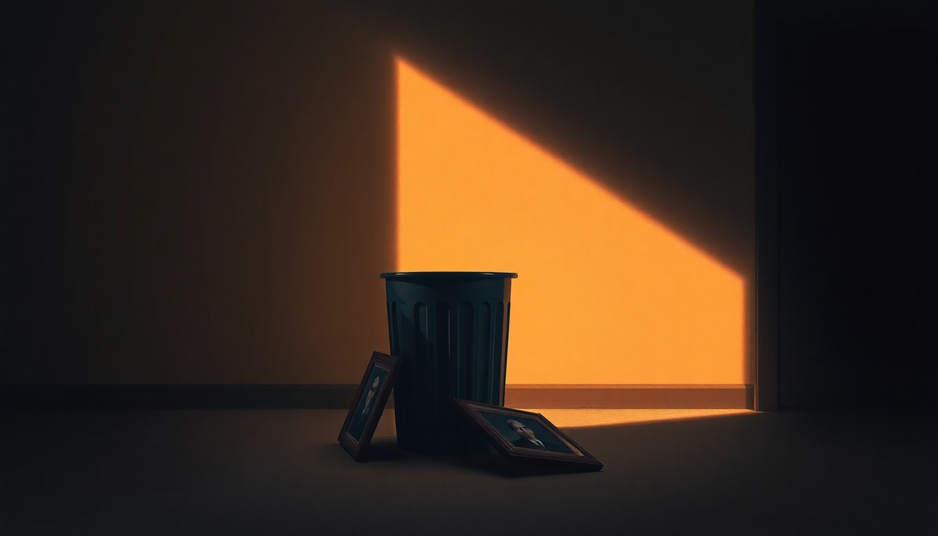 A realistic oil painting in the style of Edward Hopper, depicting a solitary government office trash can filled with discarded items, including a partially visible portrait frame, bathed in warm, diagonal sunlight and deep shadows, conveying a sense of quiet melancholy and the aftermath of a political transition.