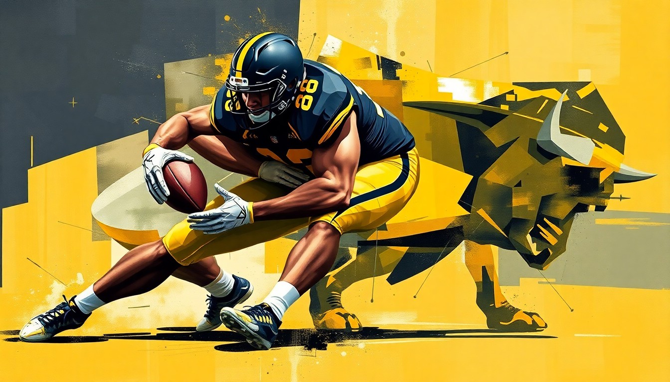 A fractured, abstract painting depicting a defensive lineman making a powerful tackle, with sharp geometric shapes and planes in the Colorado Buffaloes' official colors of gold, black, and silver, conveying the raw energy and intensity of the sport.