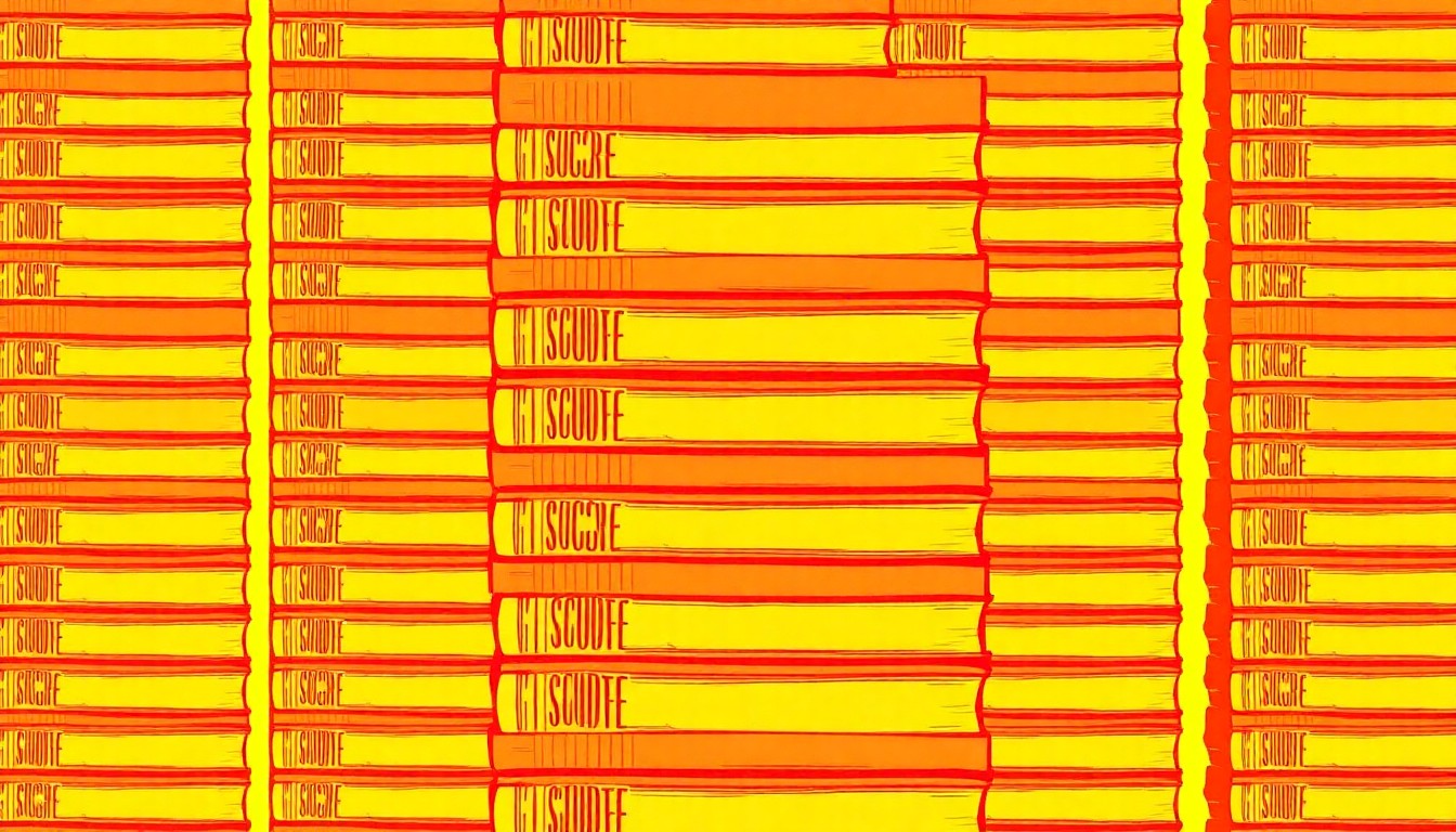 A bold, colorful silkscreen-style illustration featuring a repeating pattern of stacked books in bright, neon-like hues, conceptually representing the collaborative nature and inspiring stories within 'The Heart of Success'.