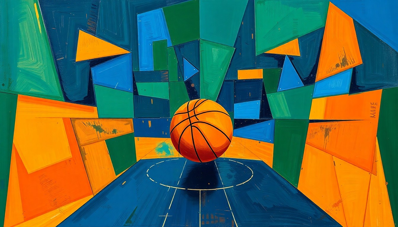 A fragmented, geometric painting depicting the action and movement of a basketball game, with sharp planes of color and overlapping perspectives creating a visually striking and conceptual representation of the sport.