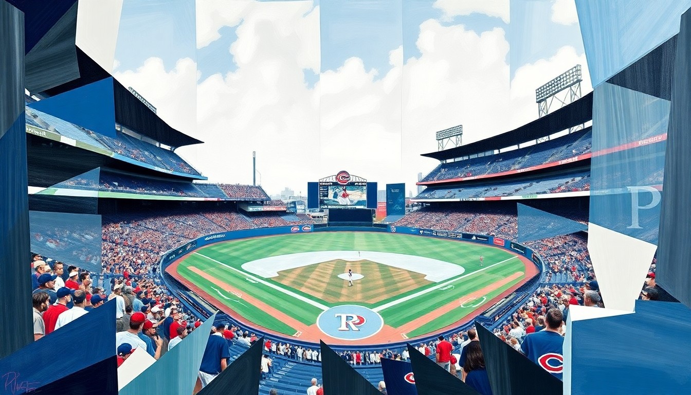 A fractured, geometric painting depicting a baseball game between the Texas Rangers and Cincinnati Reds, with sharp, overlapping planes of color and form representing the action on the field.