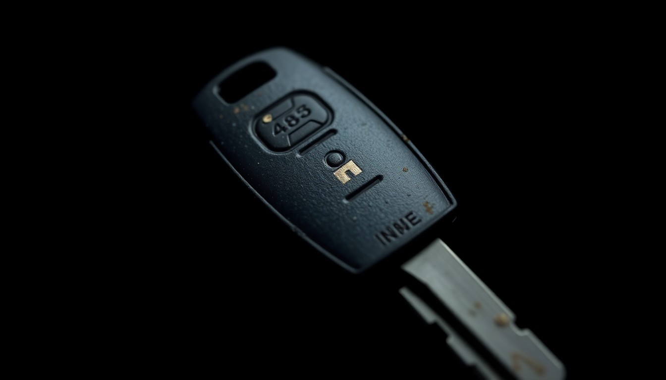 An extreme close-up photograph of a worn, weathered car key against a pitch-black background, lit by a harsh, direct camera flash, conceptually representing the investigation into Christina Marie Plante's disappearance.