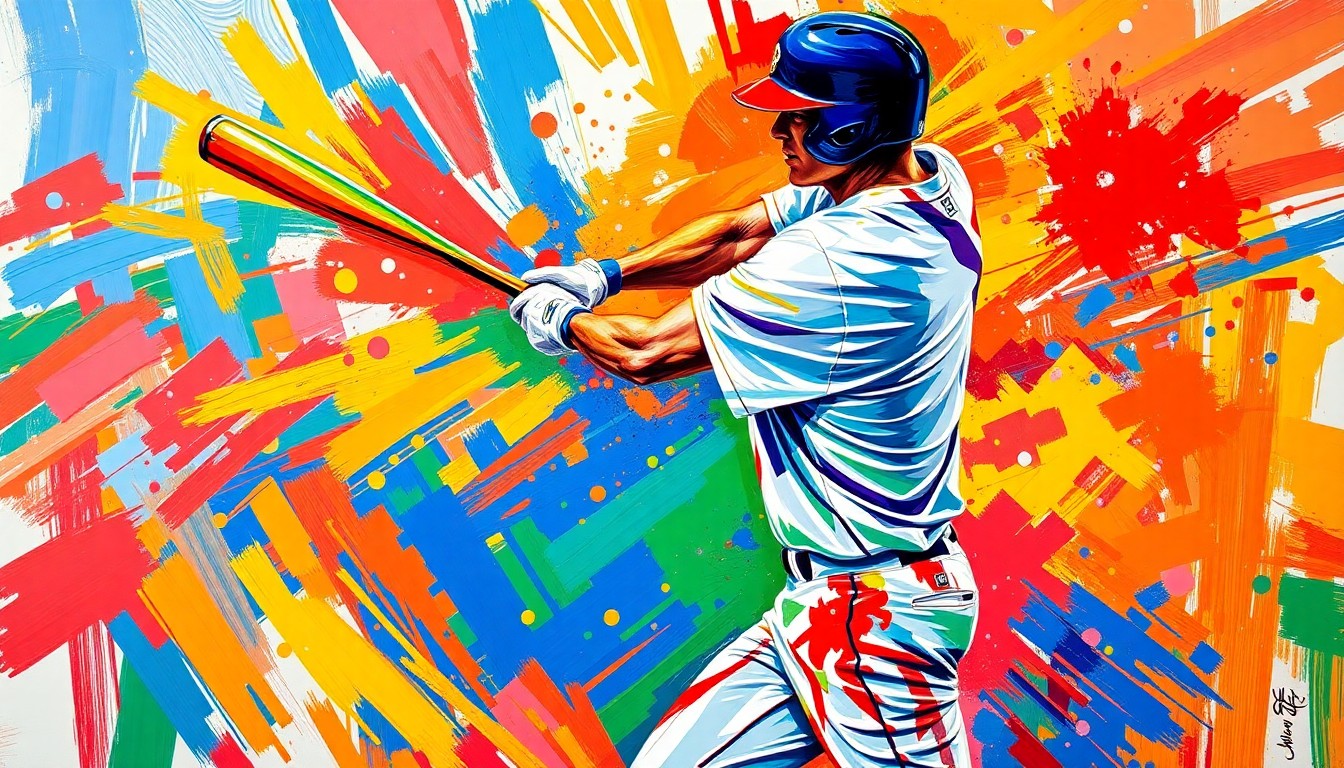 An abstract, expressionistic painting featuring bold, neon-colored brushstrokes that convey the explosive energy and raw power of a baseball player hitting a home run.
