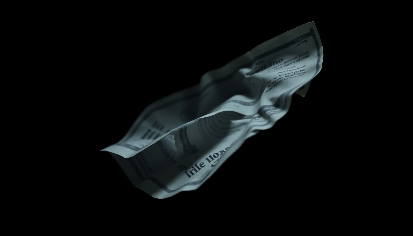 An extreme close-up of a crumpled financial document lit by a harsh, direct camera flash against a pitch-black background, conceptually representing the investigation into Bank of America's alleged role in the Epstein sex trafficking case.