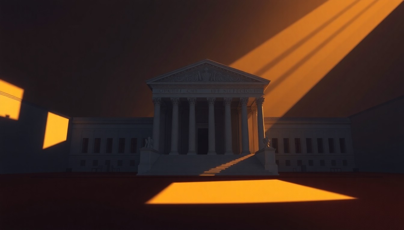 A serene, cinematic painting of a dimly lit Supreme Court building or judicial chamber, with warm sunlight streaming through the windows and deep shadows casting an air of solemnity and contemplation.