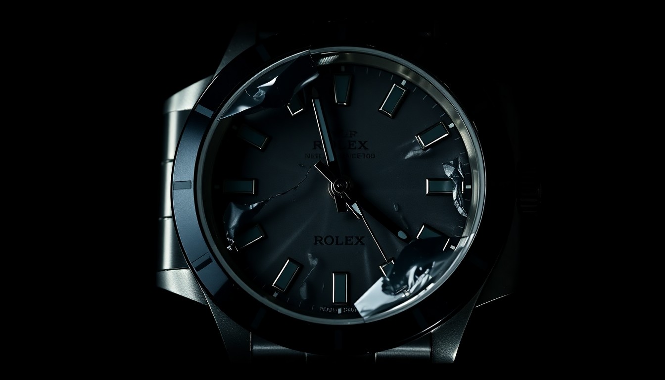 An extreme close-up photograph of a crumpled Rolex watch face, the metal and glass distorted by force, conveying a sense of sudden violence and violation against its owner.