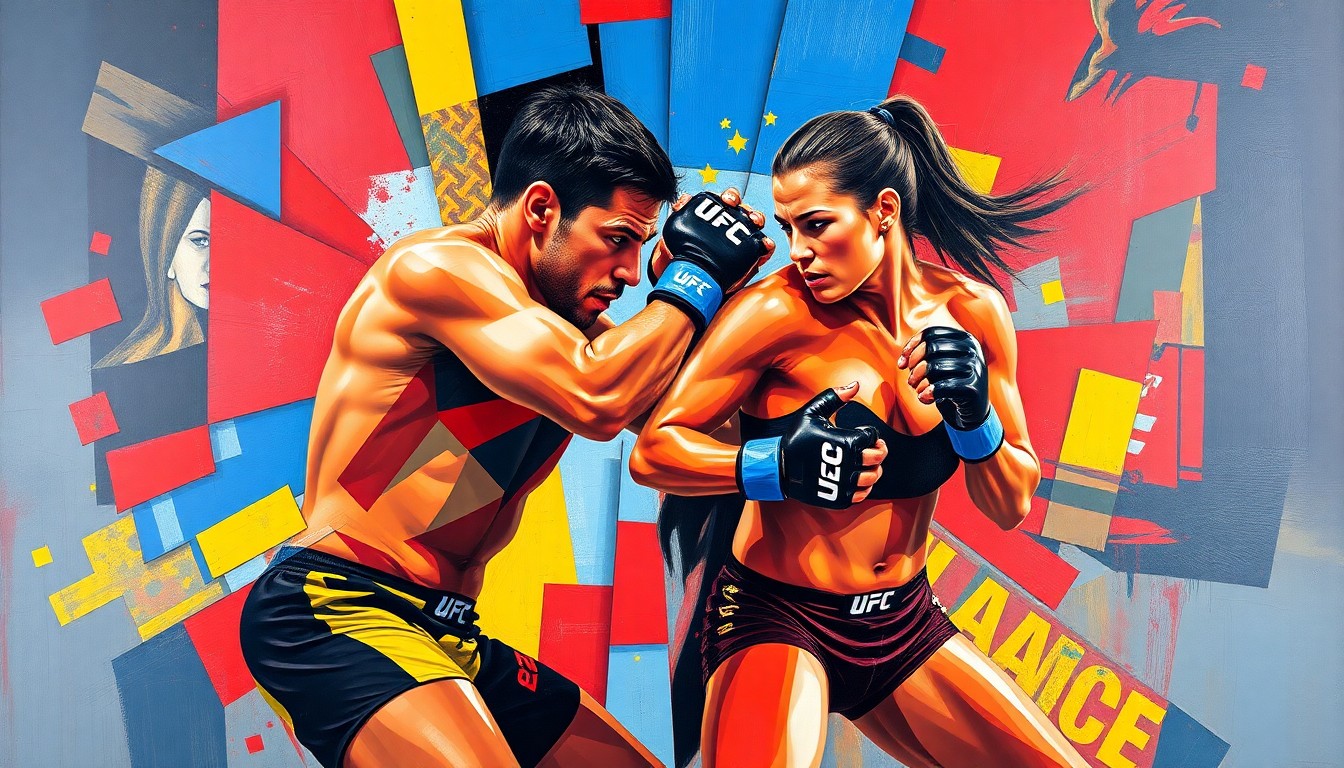 A cubist, fragmented painting depicting the UFC fighters Dione Barbosa and Melissa Gatto engaged in a dynamic, multi-angled combat scene, with sharp planes of red, blue, and yellow colors.