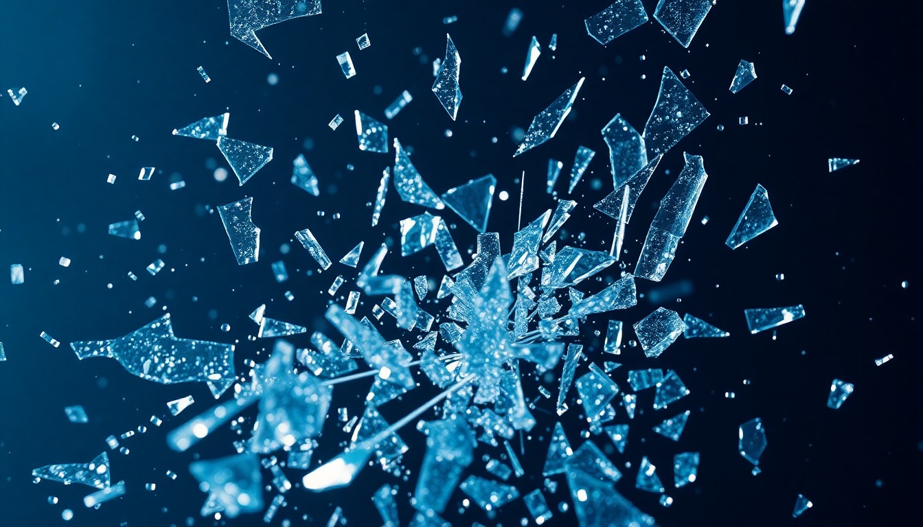An extreme close-up photograph of shattered glass and glittering shards in high-contrast, dramatic studio lighting, conceptually representing the fragility and potential glamorization of the school shooting plot point in the film.
