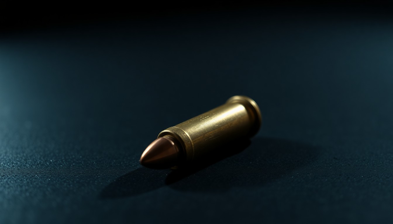An extreme close-up photograph of a spent bullet casing on a dark surface, lit by a harsh, direct camera flash, conceptually illustrating the aftermath of a negligent shooting incident.