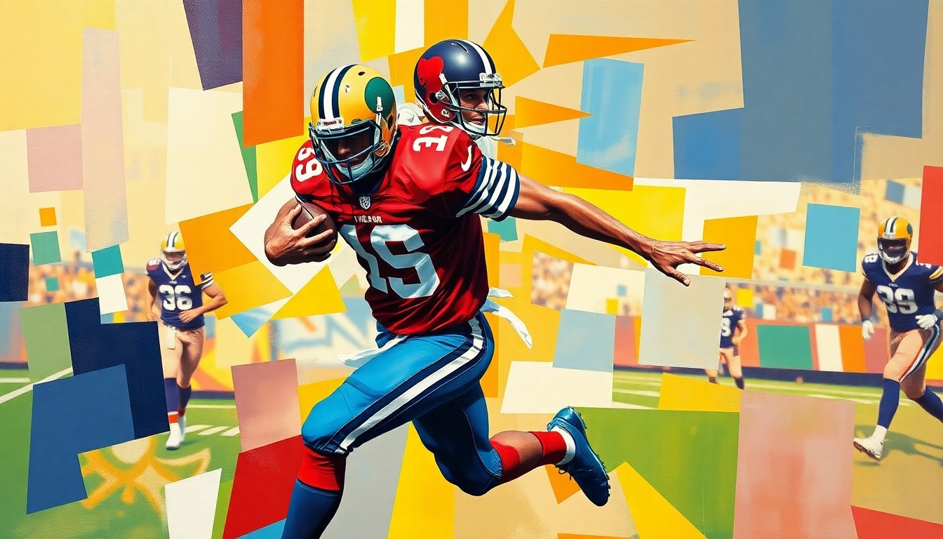 A cubist, geometric painting depicting a football player in motion, with sharp, overlapping planes of color representing the player's movements and the team's uniform colors.