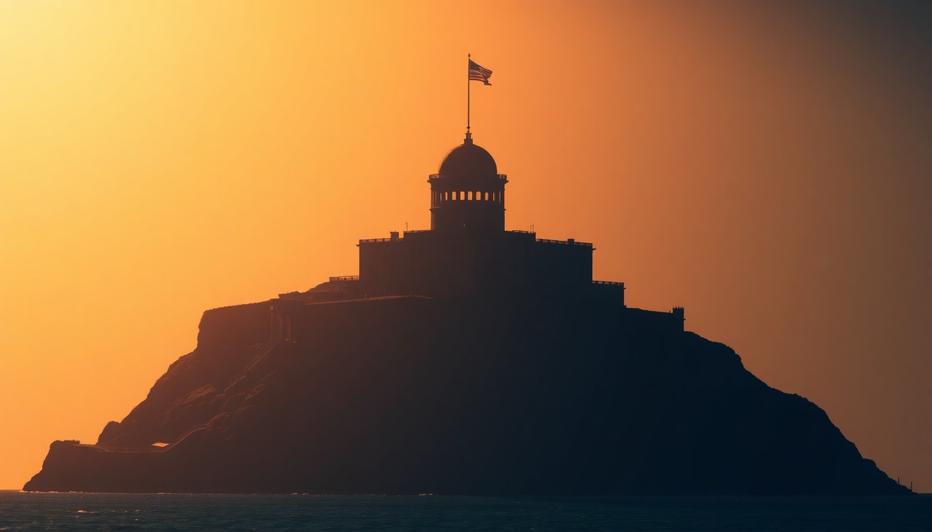 A photorealistic painting of the iconic Alcatraz prison tower, its concrete walls and watchtowers bathed in warm, golden sunlight and deep shadows, conveying a sense of political nostalgia and the gravity of the island's history.