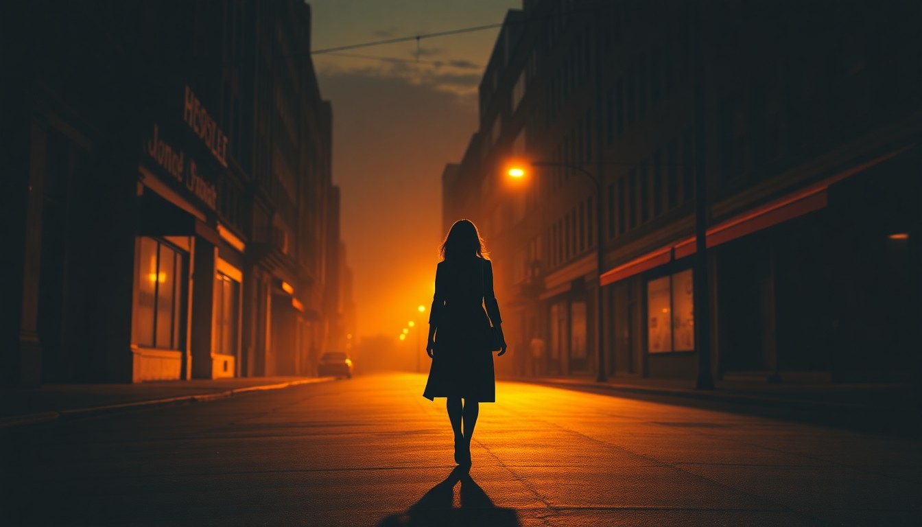 A cinematic painting of a lone woman walking down a dimly lit city street, with warm diagonal sunlight casting deep shadows, conveying a sense of isolation and melancholy.