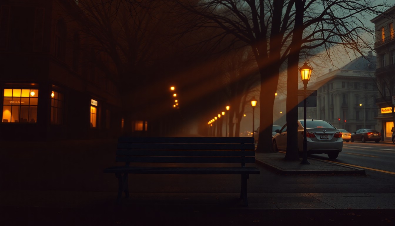 A serene, nostalgic painting of a lone park bench on a dimly lit city street, with warm sunlight casting long shadows and creating a contemplative, cinematic mood.