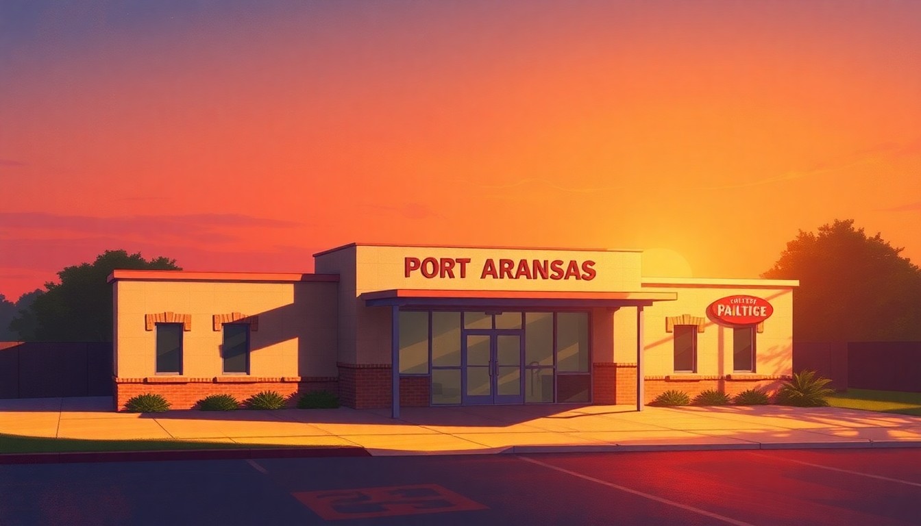 A photorealistic painting of a modern, two-story public safety building with a sleek, angular design bathed in warm, golden sunlight, conveying a sense of optimism and progress for the Port Aransas community.