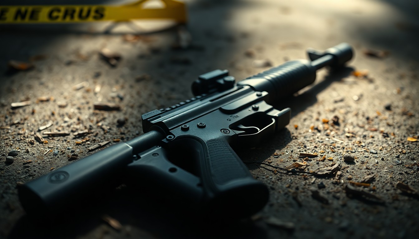 An extreme close-up photograph of a discarded airsoft gun lying on the ground, partially obscured by shadows, conveying the gritty, investigative nature of the crime scene.