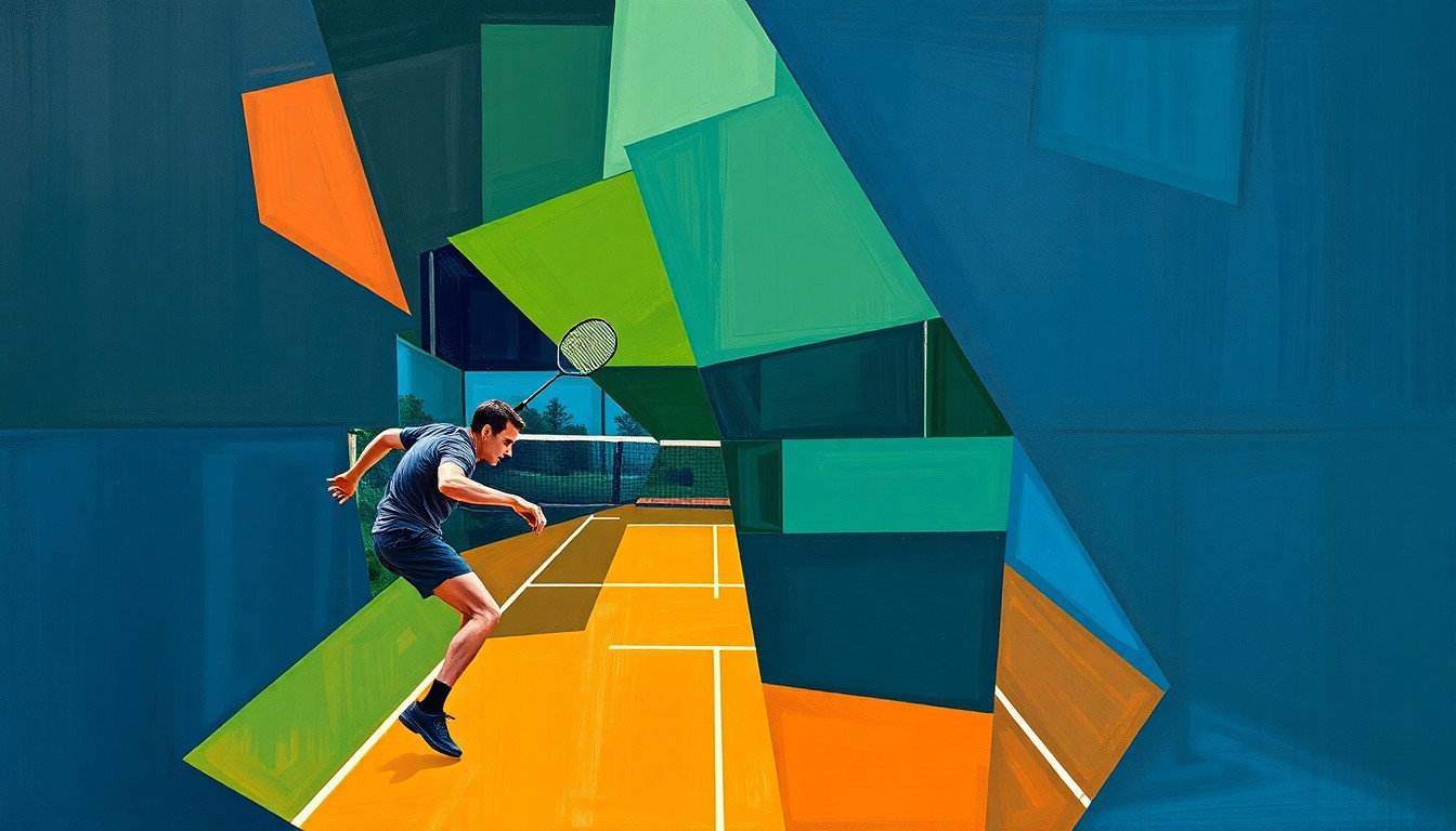 A cubist-style painting depicting a badminton match broken down into sharp, overlapping geometric shapes in navy blue, forest green, and burnt orange, conveying the dynamic energy of the sport.