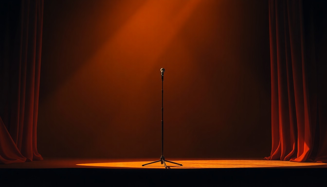 A warm, nostalgic painting of a solitary microphone stand on a stage, with diagonal sunlight casting deep shadows, conveying the somber yet determined mood of the community rally for the detained Salah Sarsour.