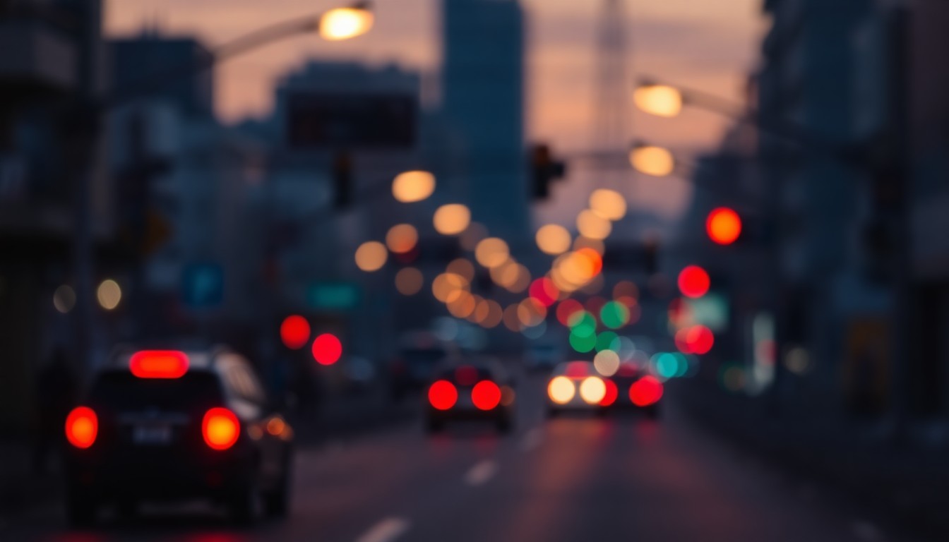 An abstract, out-of-focus photograph of a city street at dusk, with blurred streetlights and taillights creating a warm, atmospheric mood that conceptually represents the challenges of navigating urban construction projects.