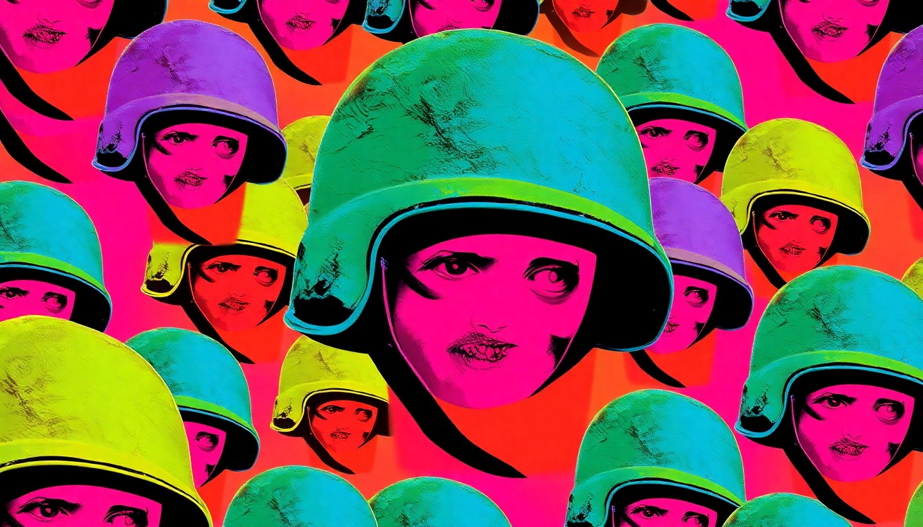 A high-contrast, silkscreen-style illustration of a vintage military helmet repeated in a grid pattern, rendered in vibrant neon colors and heavy black outlines to create a modern pop art aesthetic.