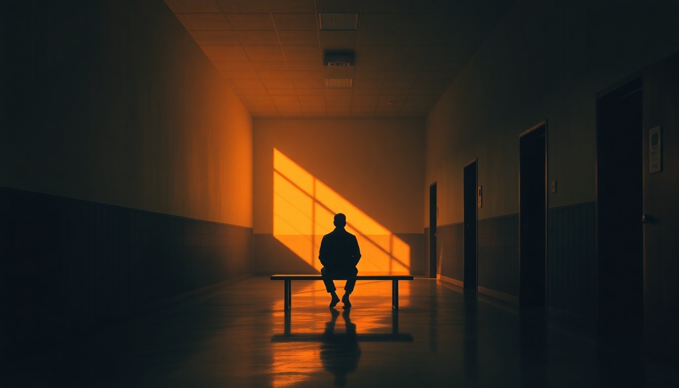 A dimly lit, cinematic painting of a lone figure sitting on a bench in a detention center hallway, the figure bathed in warm, diagonal sunlight and deep shadows, conveying a sense of isolation and melancholy.