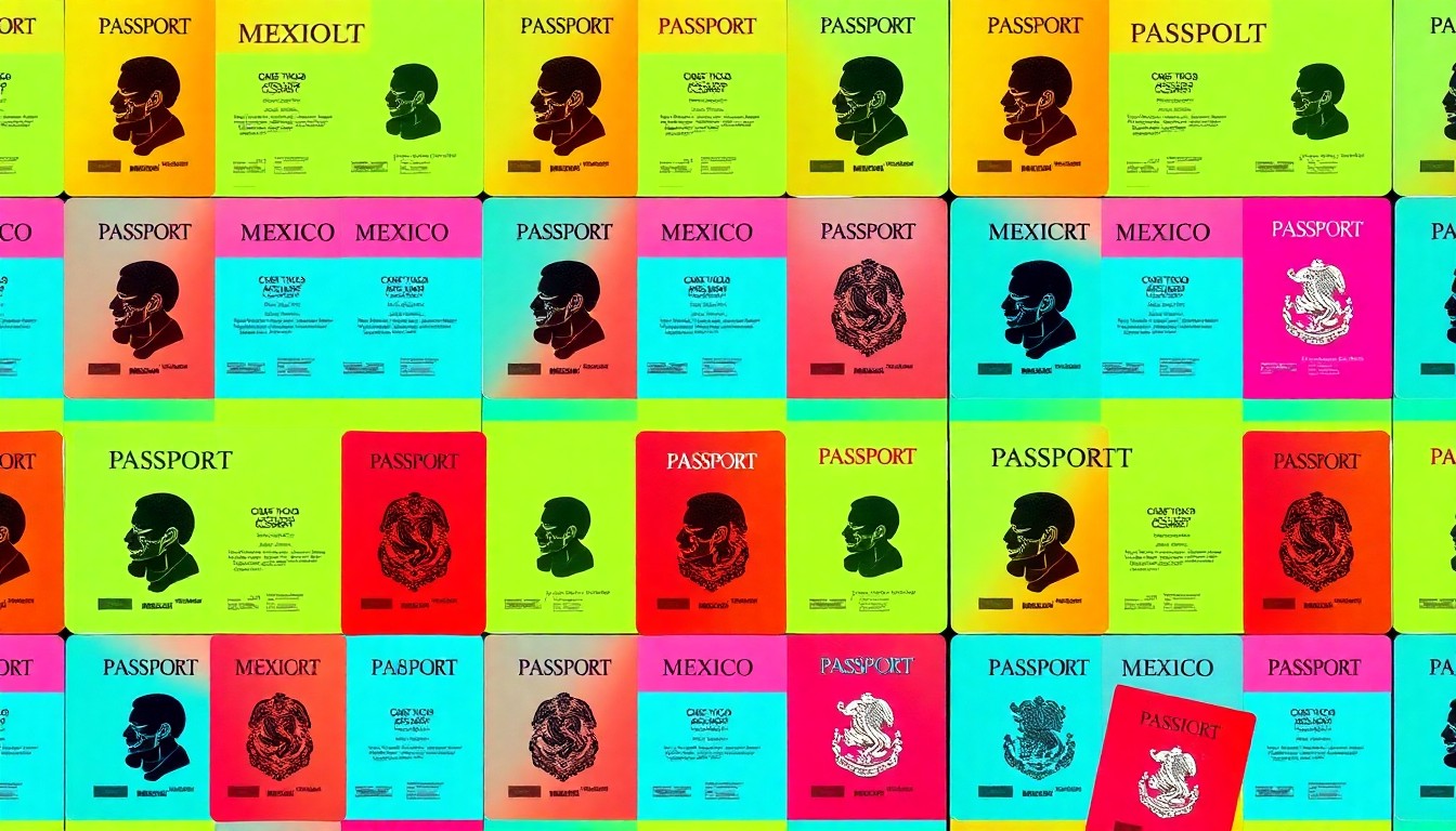 A bold, colorful silkscreen print featuring a repeating pattern of a Mexican passport, conceptually representing the consulate's role in providing official documentation and resources to Mexican citizens.