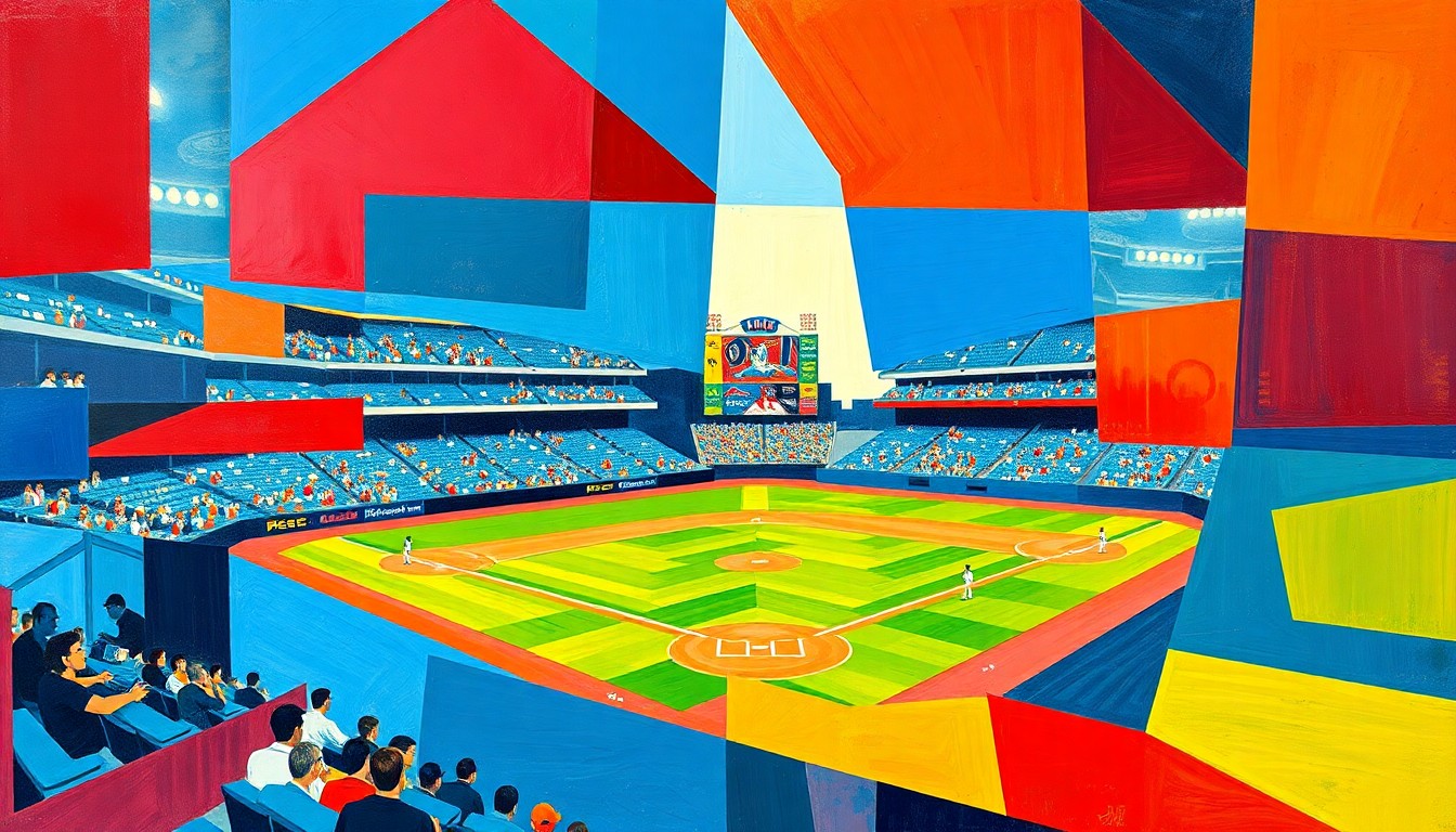 A cubist-style painting featuring overlapping geometric shapes and planes of bright blue, red, and yellow, capturing the dynamic energy of a baseball game.