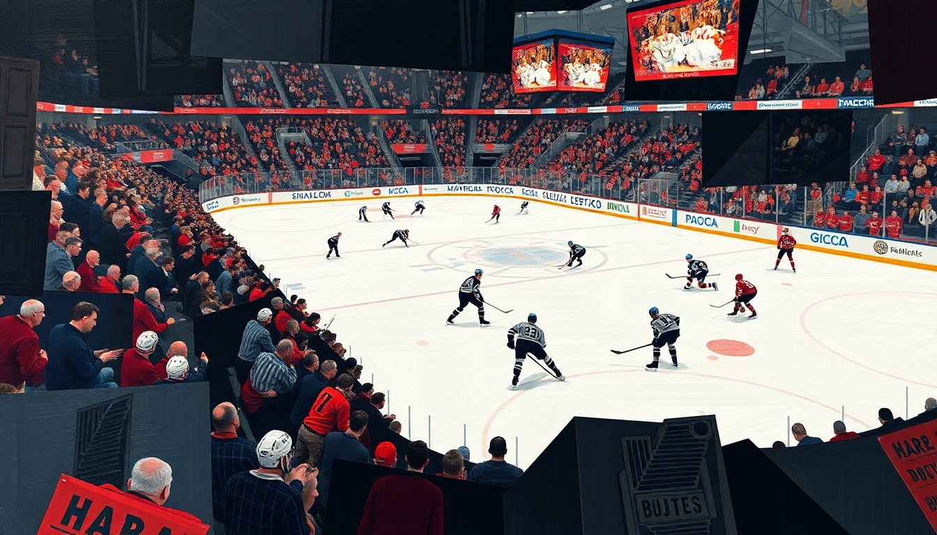 A cubist, geometric painting depicting a fragmented hockey game scene, with overlapping planes of ice, players, and fans, conveying the unsettling nature of the reported Nazi salute incident.