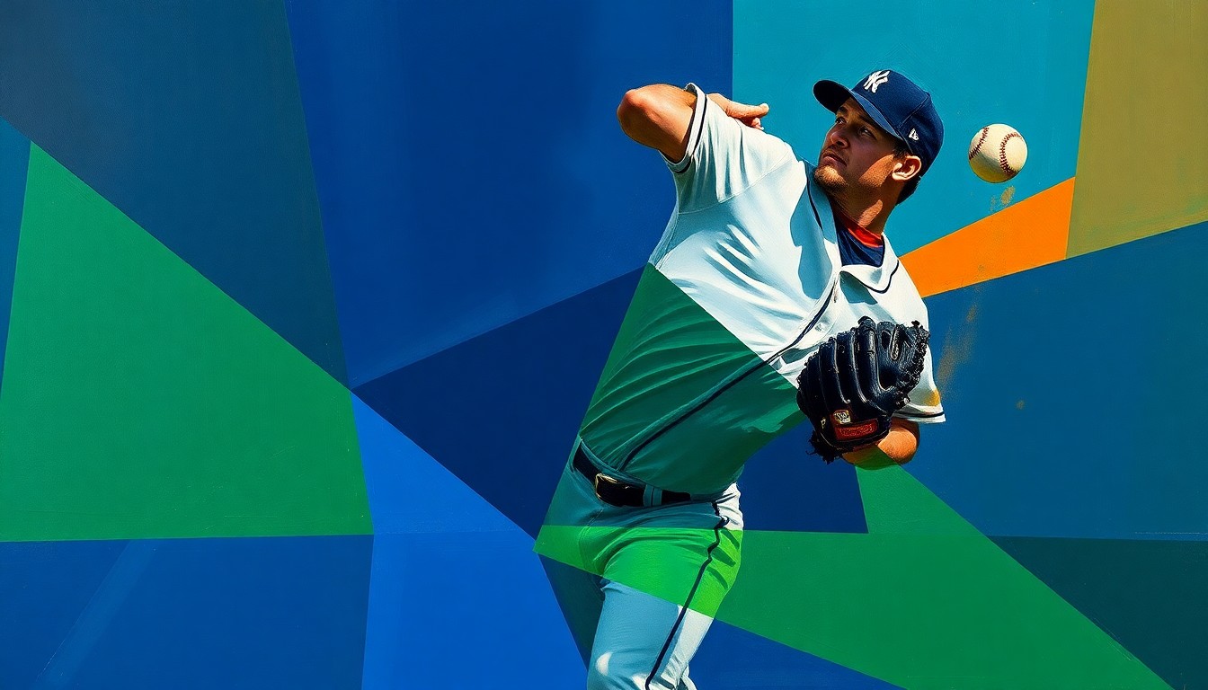 A cubist-style painting featuring sharp, overlapping geometric shapes in navy, green, and orange, representing the motion of a baseball pitcher in an abstract, deconstructed manner.