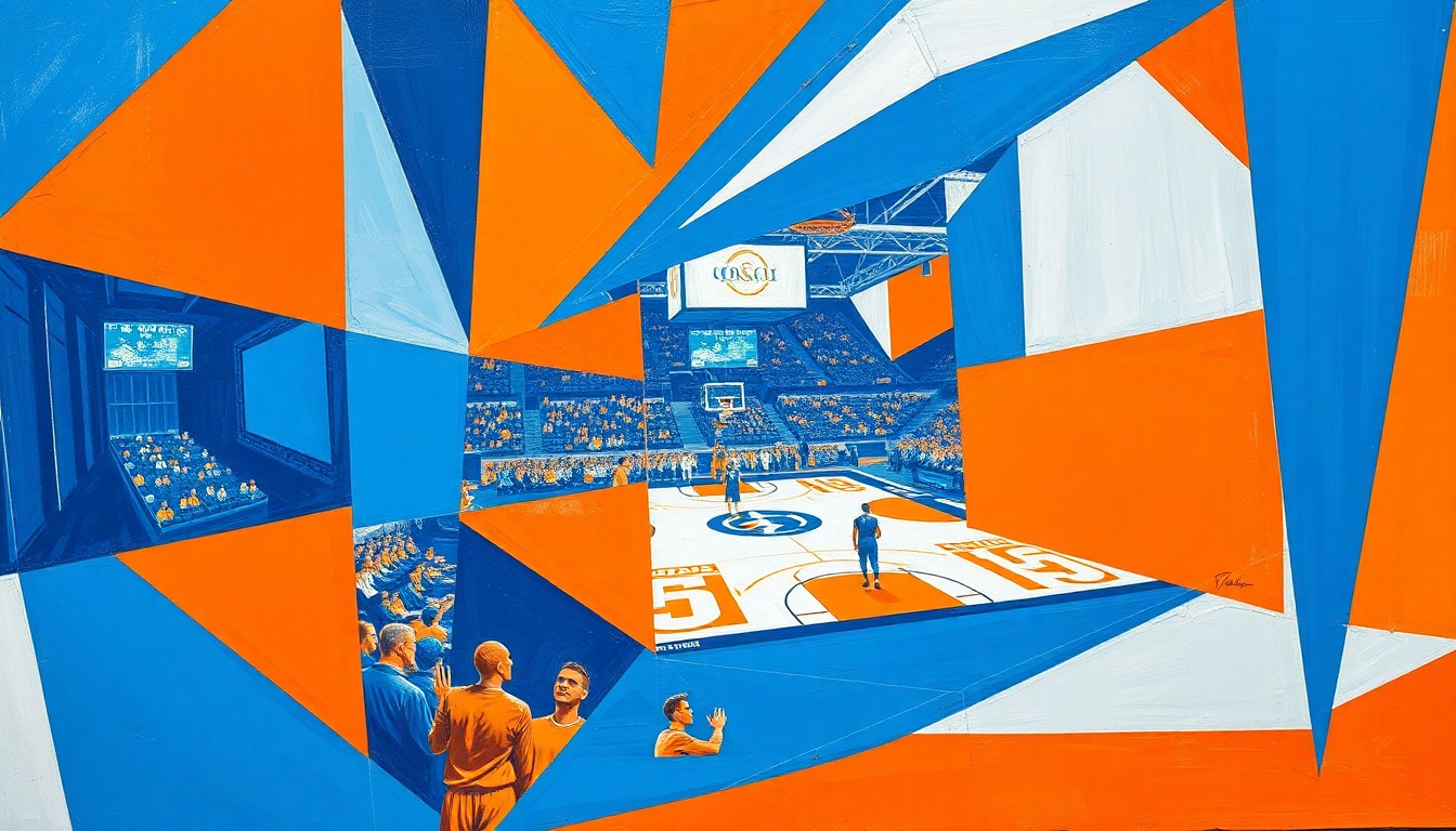 A cubist, geometric painting depicting the chaotic energy of a college basketball game, with sharp planes of bright blue, orange, and white intersecting to create a dynamic, fragmented visual representation of the sport.