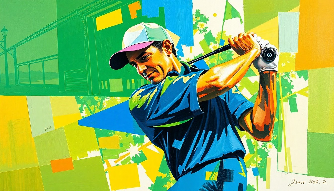 A fractured, geometric painting depicting the dynamic movements of a golfer, with sharp planes of color and overlapping perspectives, conveying the emotional rollercoaster of professional competition.