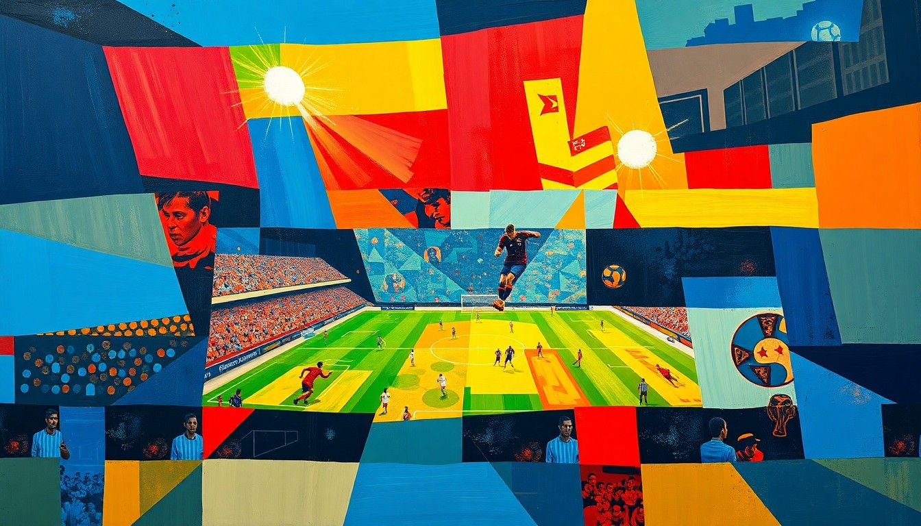 A fractured, multi-perspective painting depicting the action and movement of a World Cup final match, with sharp geometric planes in a vibrant color palette of blues, reds, and yellows conceptually representing the frenetic energy of the event.