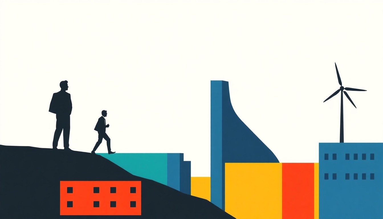 A geometric abstract illustration composed of overlapping triangles, rectangles, and circles in shades of blue, red, and yellow, conceptually representing economic data and trends without literal depictions.