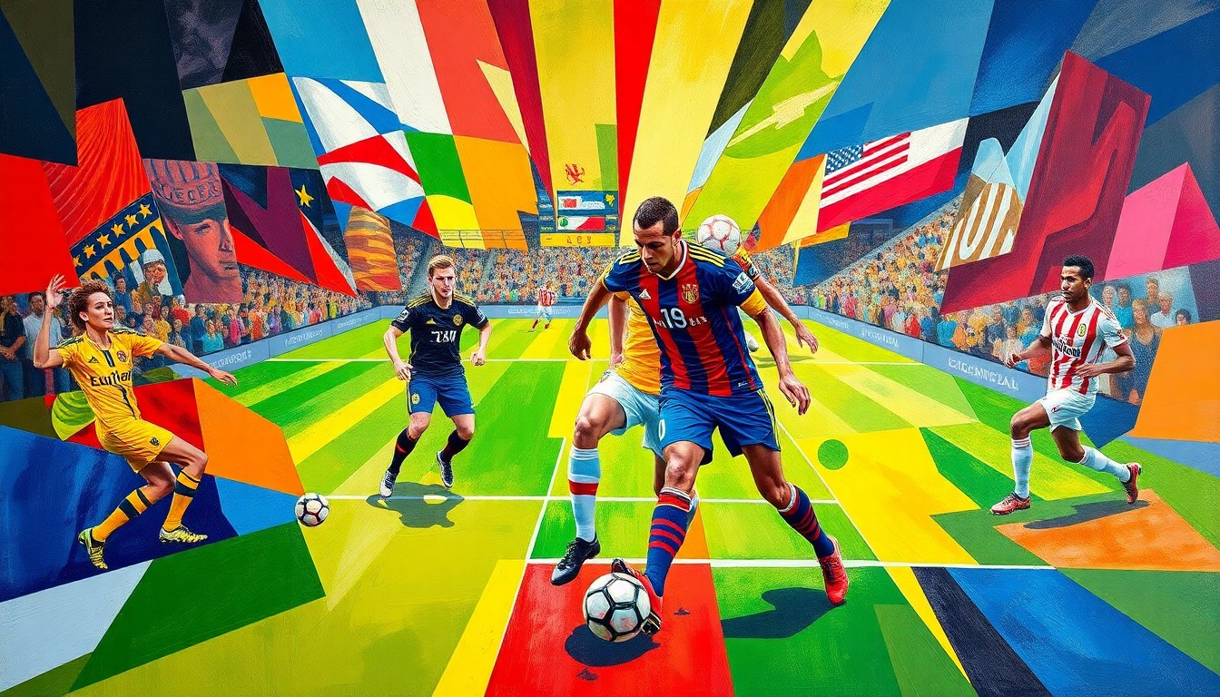 A fragmented, geometric painting depicting a soccer match between two rival MLS teams, with sharp, overlapping shapes and planes of color representing the players, the field, and the energy of the game.