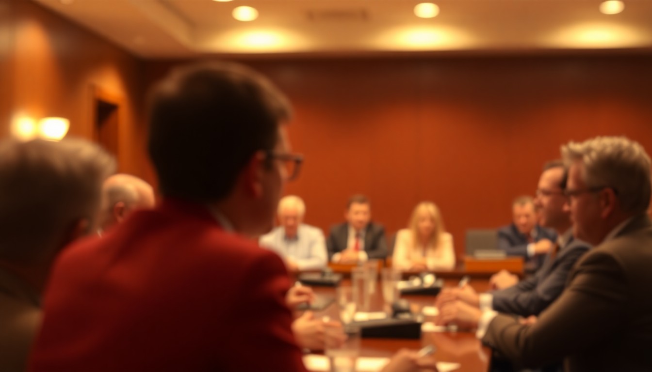 An abstract, out-of-focus photograph of a group of people sitting around a table, their faces and forms blurred into soft, warm pools of light and color, conveying the collaborative and inclusive nature of the Canyon Lake Roundtable.