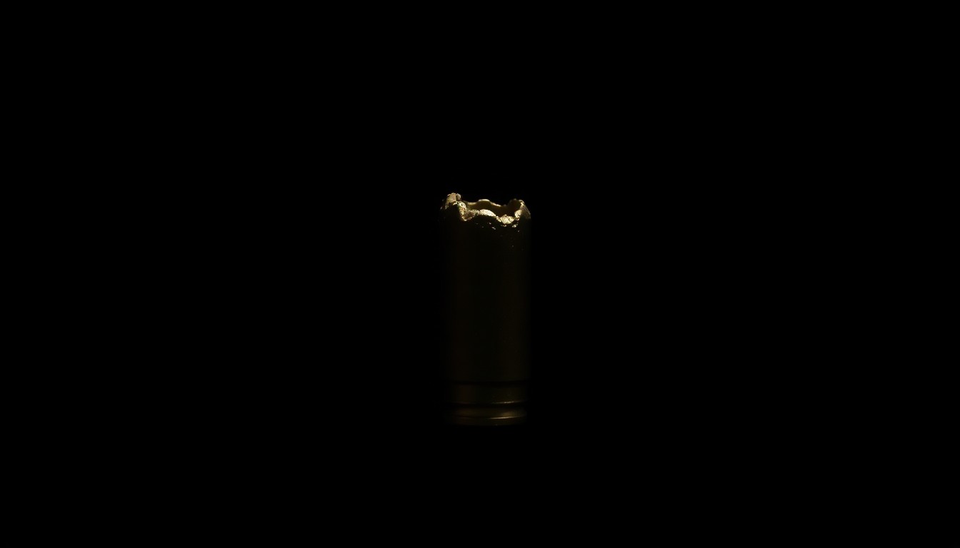 An extreme close-up photograph of a deformed bullet casing against a pitch-black background, lit by a harsh, direct camera flash, conveying the complexities of forensic evidence in a criminal investigation.