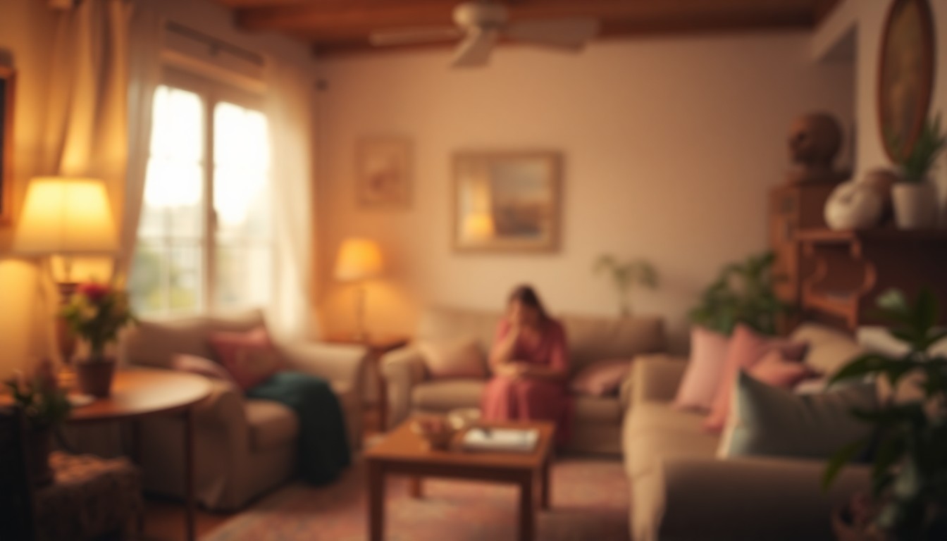 A softly blurred, out-of-focus photograph in warm, hazy tones depicting a serene, domestic scene that evokes a sense of nostalgia, comfort, and the cherished memories that defined Rebecca's life.