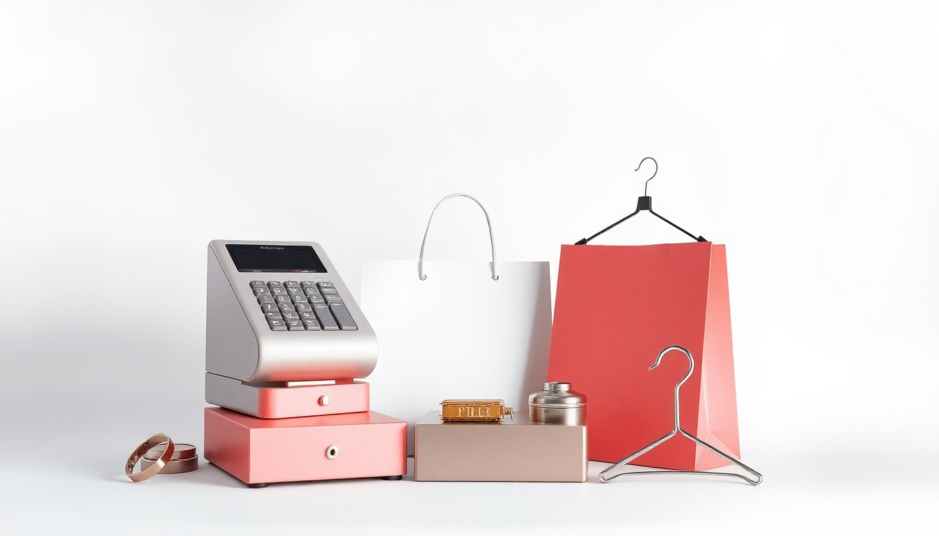 A high-end, photorealistic studio still-life photograph featuring a collection of premium, polished retail objects such as a cash register, shopping bag, and clothing hanger arranged elegantly on a clean, monochromatic seamless background, conceptually representing the abstract corporate strategy and financial pressures facing the retail industry.