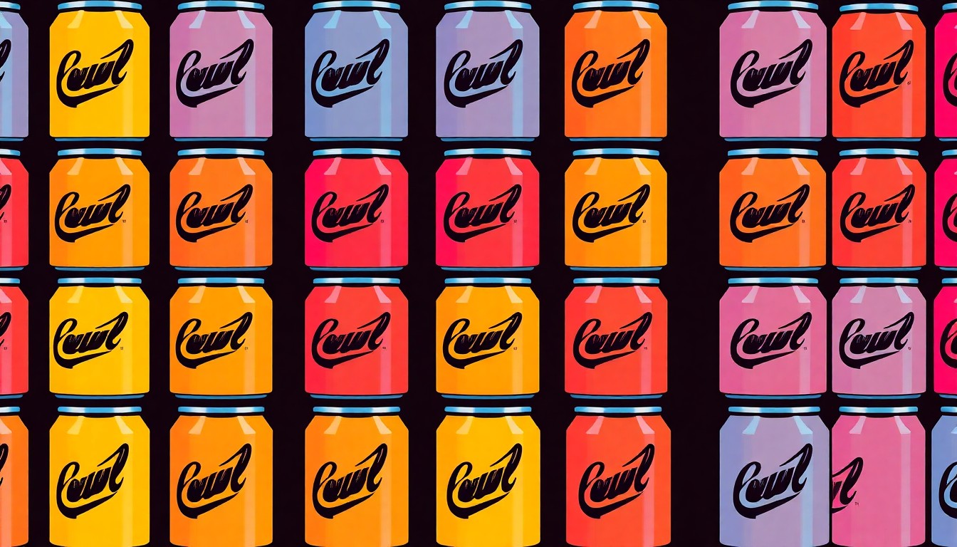 A highly stylized, abstract silkscreen print featuring a single soda can repeated in a grid pattern, rendered in vibrant neon colors and heavy black outlines, conceptually representing the debate over restricting sugary drink purchases with food assistance funds.