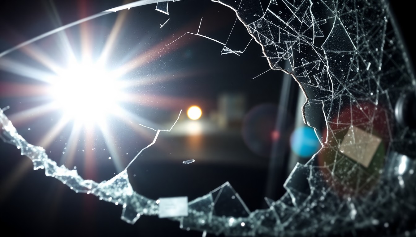 An extreme close-up photograph of a shattered car window reflecting the harsh glare of a camera flash, conceptually illustrating the devastating impact of a high-speed collision.