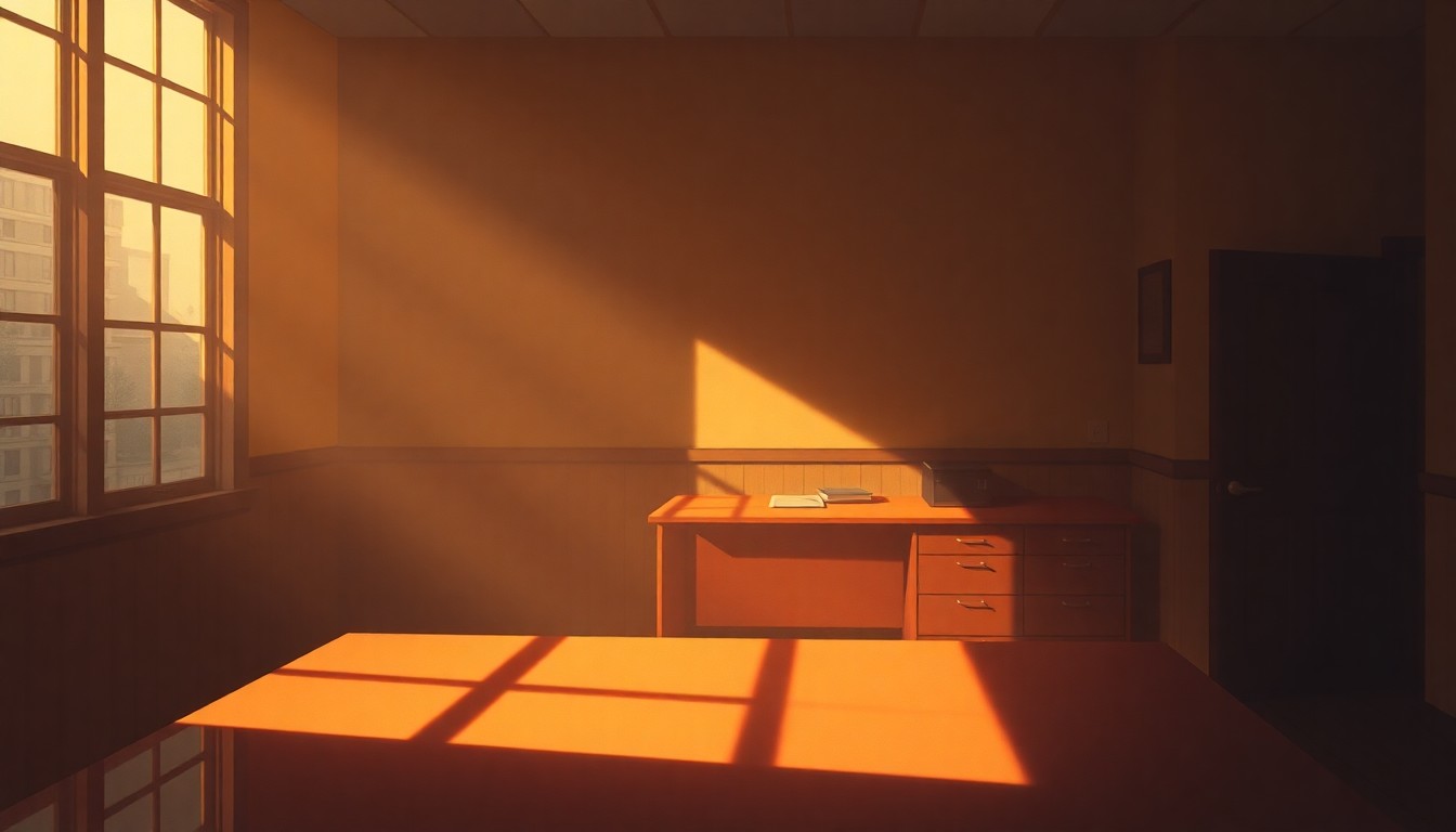 A dimly lit, cinematic painting of a cluttered county clerk's office desk, with a lone chair and a window casting warm, diagonal light across the scene, conveying a sense of tension and uncertainty surrounding the administration of local elections.
