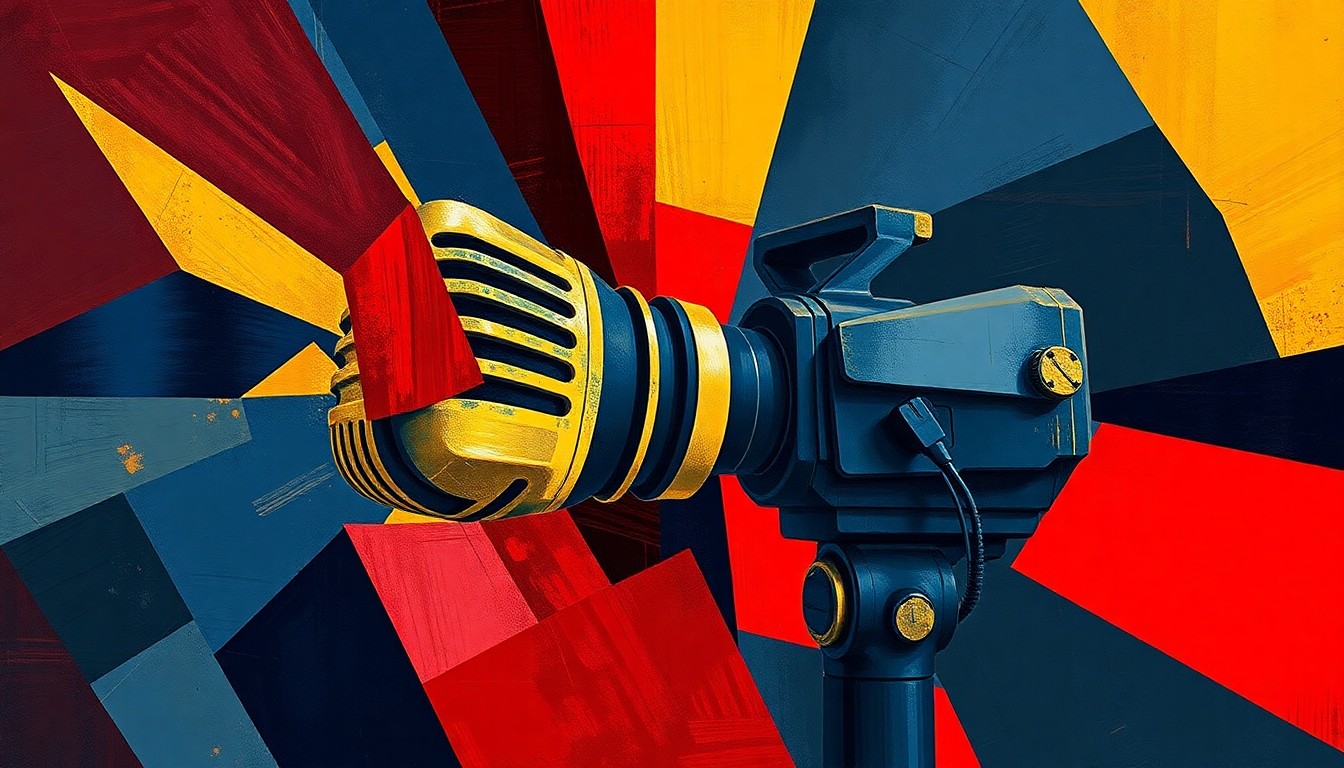 A dynamic, abstract painting featuring overlapping geometric shapes and brushstrokes in shades of blue, red, and gold, conveying a sense of chaos and bias in political media coverage.