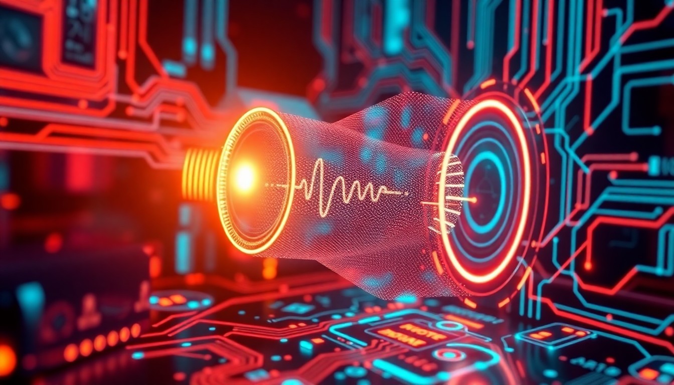 A highly detailed, 3D illustration of a glowing, neon-colored digital interface with a pulsing, ethereal light source at the center, representing an AI-generated voice. The interface is surrounded by a complex web of circuitry and data streams, conveying the technological complexity and potential dangers of this emerging cybersecurity threat.