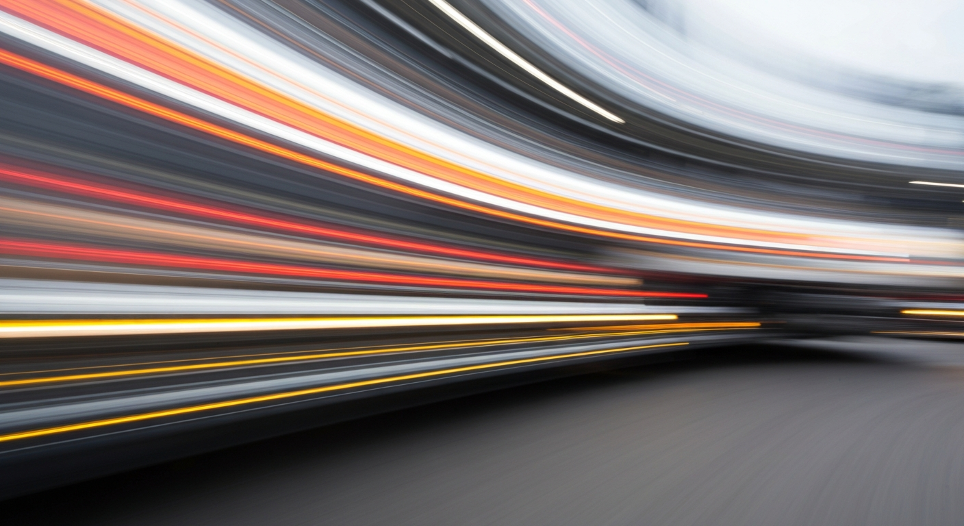 An abstract, colorful image with sweeping, blurred lines representing the motion of a vehicle, conveying the chaos and visual disturbance of intense headlight glare on the road.